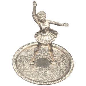 Ballerina Ring Holder Zinc Alloy Silver 3.5" Trinket Dish Ballet Metal Dance Vtg